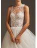 Ivory Lace Tulle Ruffle Illusion Back Wedding Dress